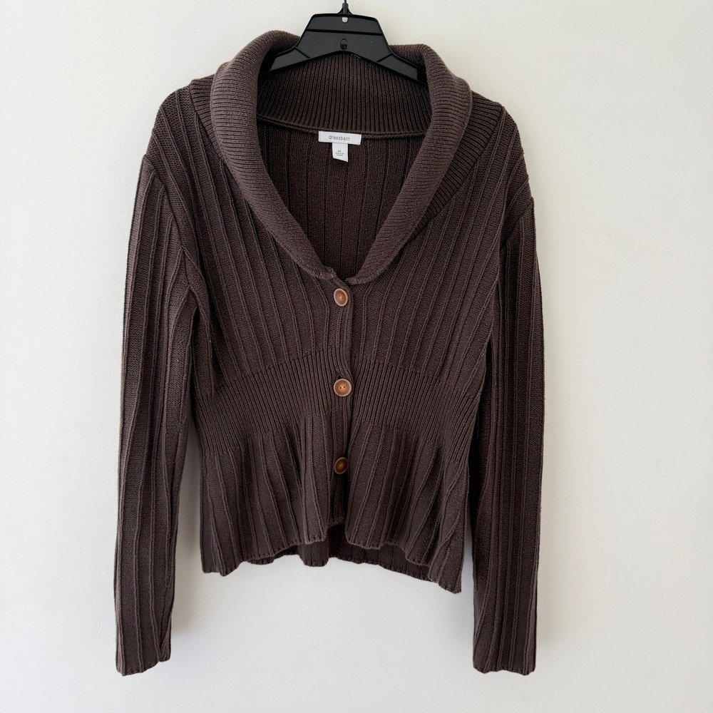 Brown Ribbed Knit Peplum Cardigan Shawl Collar Boho Earthy Goblincore XL